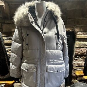 NWT BCBGMaxAzria Light Gray Puffer Coat with Faux Fur Trim